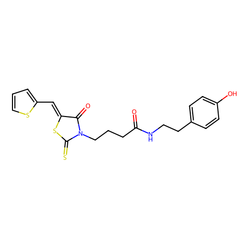 N-[2-(4-hydroxyphenyl)ethyl]-4-[(5Z)-4-oxo-5-(thiophen-2-ylmethylidene)-2-thioxo-1,3-thiazolidin-3-yl]butanamide structure