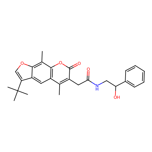 2-(3-(tert-butyl)-5,9-dimethyl-7-oxo-7H-furo[3,2-g]chromen-6-yl)-N-(2-hydroxy-2-phenylethyl)acetamide structure