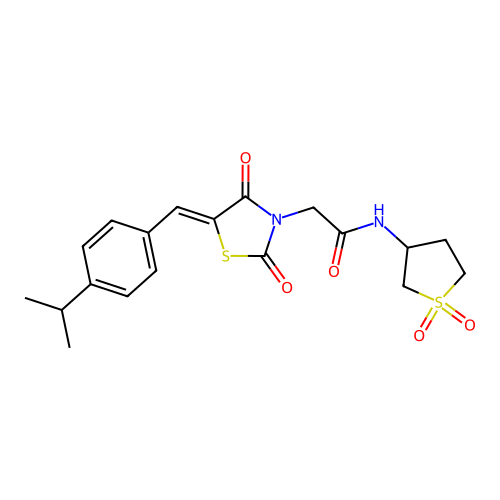 2-[(5Z)-2,4-dioxo-5-[(4-propan-2-ylphenyl)methylidene]-1,3-thiazolidin-3-yl]-N-(1,1-dioxothiolan-3-yl)acetamide structure