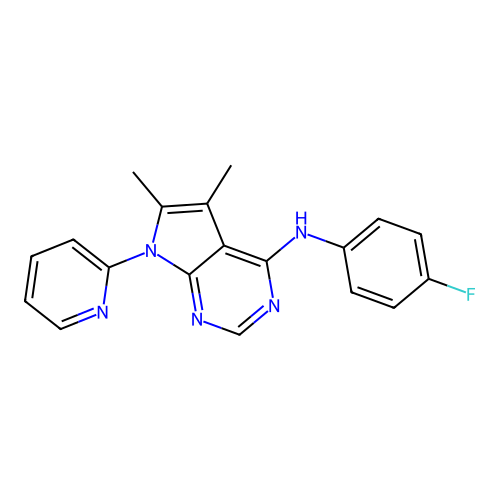 N-(4-fluorophenyl)-5,6-dimethyl-7-(pyridin-2-yl)-7H-pyrrolo[2,3-d]pyrimidin-4-amine structure