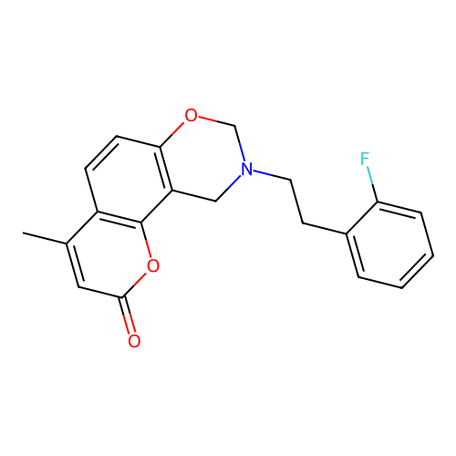 9-(2-fluorophenethyl)-4-methyl-9,10-dihydrochromeno[8,7-e][1,3]oxazin-2(8H)-one structure