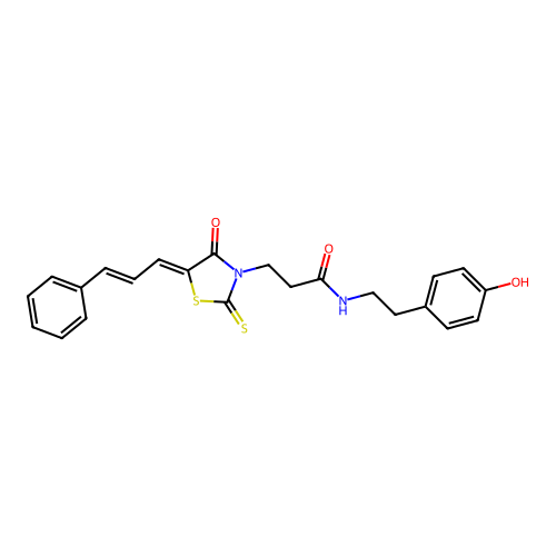 3-[5-((2E)-3-phenylprop-2-enylidene)-4-oxo-2-thioxo(1,3-thiazolidin-3-yl)]-N-[2-(4-hydroxyphenyl)ethyl]propanamide structure