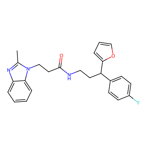 N-[3-(4-fluorophenyl)-3-(2-furyl)propyl]-3-(2-methylbenzoimidazol-1-yl)propanamide structure