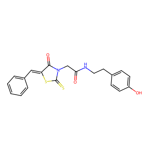 (Z)-2-(5-benzylidene-4-oxo-2-thioxothiazolidin-3-yl)-N-(4-hydroxyphenethyl)acetamide structure