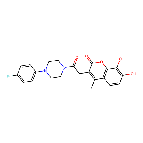 3-[2-[4-(4-fluorophenyl)piperazin-1-yl]-2-oxoethyl]-7,8-dihydroxy-4-methylchromen-2-one structure