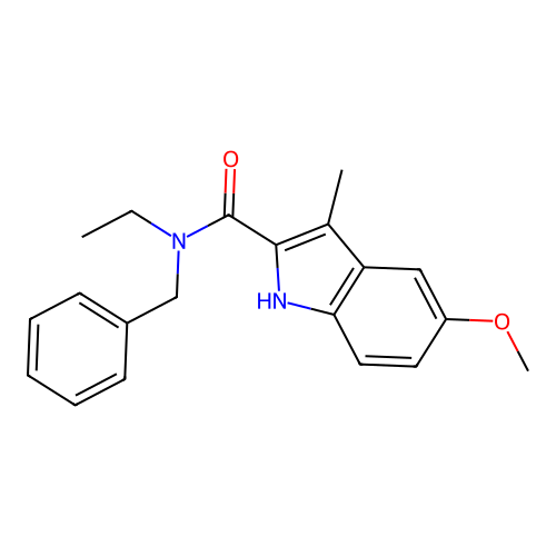N-benzyl-N-ethyl-5-methoxy-3-methyl-1H-indole-2-carboxamide structure