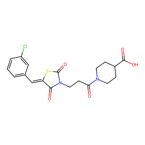 1-{3-[(5Z)-5-(3-chlorobenzylidene)-2,4-dioxo-1,3-thiazolidin-3-yl]propanoyl}piperidine-4-carboxylic acid structure