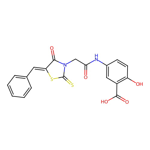 5-({[(5Z)-5-benzylidene-4-oxo-2-thioxo-1,3-thiazolidin-3-yl]acetyl}amino)-2-hydroxybenzoic acid structure
