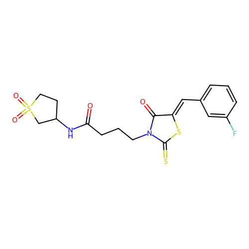 N-(1,1-dioxidotetrahydrothiophen-3-yl)-4-[(5Z)-5-(3-fluorobenzylidene)-4-oxo-2-thioxo-1,3-thiazolidin-3-yl]butanamide structure