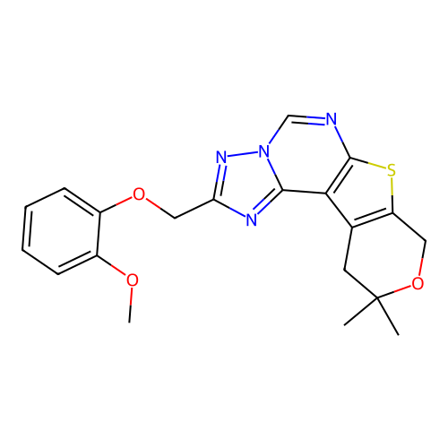2-[(2-methoxyphenoxy)methyl]-10,10-dimethyl-10,11-dihydro-8H-pyrano[4',3':4,5]thieno[3,2-e][1,2,4]triazolo[1,5-c]pyrimidine structure