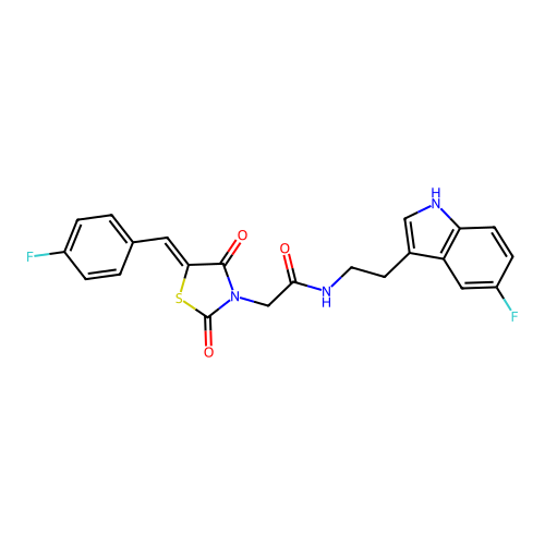 2-[(5Z)-5-(4-fluorobenzylidene)-2,4-dioxo-1,3-thiazolidin-3-yl]-N-[2-(5-fluoro-1H-indol-3-yl)ethyl]acetamide structure