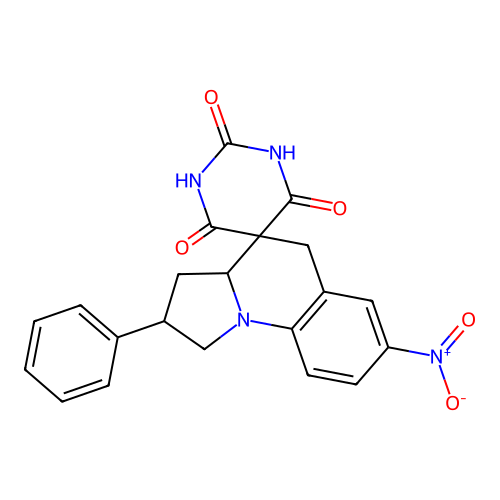 2,6-dihydroxy-7'-nitro-2'-phenyl-1',2',3',3a'-tetrahydro-4H,5'H-spiro[pyrimidine-5,4'-pyrrolo[1,2-a]quinolin]-4-one structure