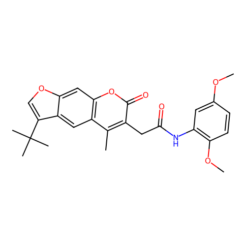 2-(3-tert-butyl-5-methyl-7-oxo-7H-furo[3,2-g]chromen-6-yl)-N-(2,5-dimethoxyphenyl)acetamide structure