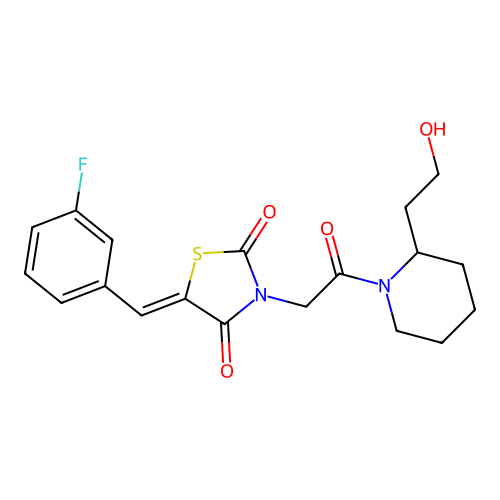 (5Z)-5-(3-fluorobenzylidene)-3-{2-[2-(2-hydroxyethyl)piperidin-1-yl]-2-oxoethyl}-1,3-thiazolidine-2,4-dione structure