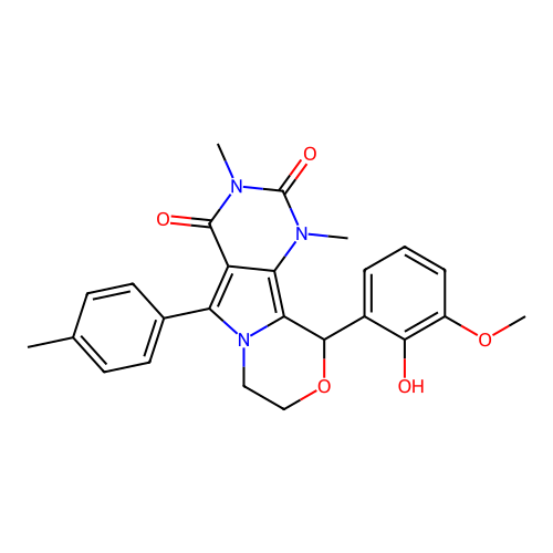 10-(2-hydroxy-3-methoxyphenyl)-1,3-dimethyl-5-(4-methylphenyl)-1,7,8,10-tetrahydro-2H-pyrimido[4',5':3,4]pyrrolo[2,1-c][1,4]oxazine-2,4(3H)-dione structure