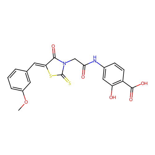 (Z)-2-hydroxy-4-(2-(5-(3-methoxybenzylidene)-4-oxo-2-thioxothiazolidin-3-yl)acetamido)benzoic acid structure