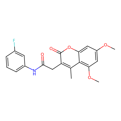 2-(5,7-dimethoxy-4-methyl-2-oxo-2H-chromen-3-yl)-N-(3-fluorophenyl)acetamide structure