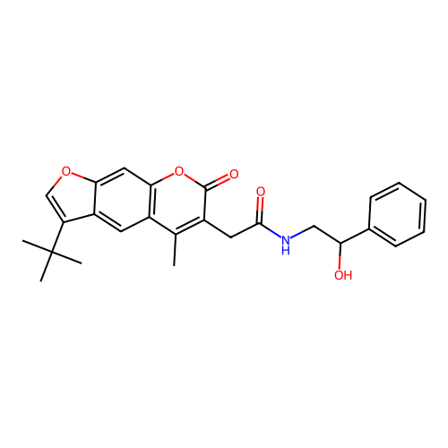 2-(3-(tert-butyl)-5-methyl-7-oxo-7H-furo[3,2-g]chromen-6-yl)-N-(2-hydroxy-2-phenylethyl)acetamide structure
