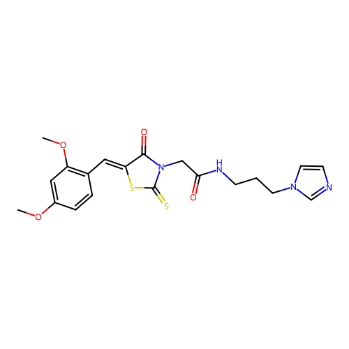 (Z)-N-(3-(1H-imidazol-1-yl)propyl)-2-(5-(2,4-dimethoxybenzylidene)-4-oxo-2-thioxothiazolidin-3-yl)acetamide structure