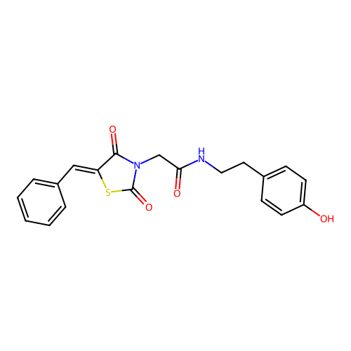 2-[(5Z)-5-benzylidene-2,4-dioxo-1,3-thiazolidin-3-yl]-N-[2-(4-hydroxyphenyl)ethyl]acetamide structure