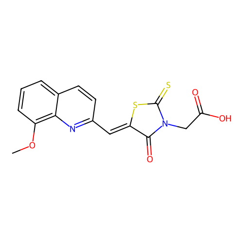 (Z)-2-(5-((8-methoxyquinolin-2-yl)methylene)-4-oxo-2-thioxothiazolidin-3-yl)acetic acid structure