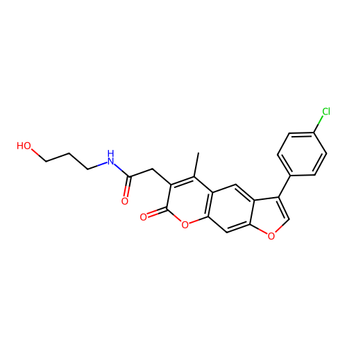 2-[3-(4-chlorophenyl)-5-methyl-7-oxofuro[3,2-g]chromen-6-yl]-N-(3-hydroxypropyl)acetamide structure