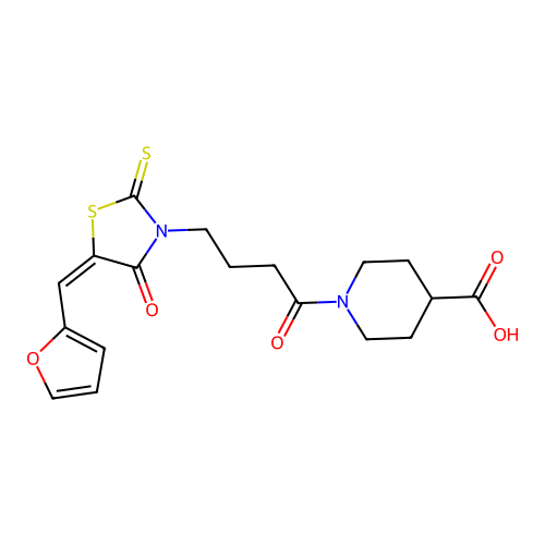 (E)-1-(4-(5-(furan-2-ylmethylene)-4-oxo-2-thioxothiazolidin-3-yl)butanoyl)piperidine-4-carboxylic acid structure