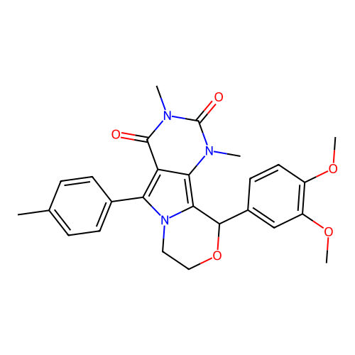 10-(3,4-dimethoxyphenyl)-1,3-dimethyl-5-(4-methylphenyl)-1,7,8,10-tetrahydro-2H-pyrimido[4',5':3,4]pyrrolo[2,1-c][1,4]oxazine-2,4(3H)-dione structure