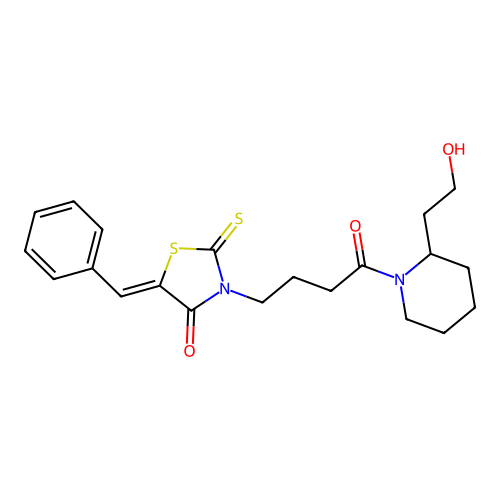 (5Z)-5-benzylidene-3-{4-[2-(2-hydroxyethyl)piperidin-1-yl]-4-oxobutyl}-2-thioxo-1,3-thiazolidin-4-one structure