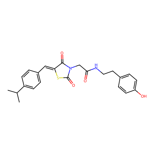 2-{(5Z)-2,4-dioxo-5-[4-(propan-2-yl)benzylidene]-1,3-thiazolidin-3-yl}-N-[2-(4-hydroxyphenyl)ethyl]acetamide structure