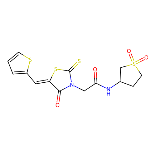 (Z)-N-(1,1-dioxidotetrahydrothiophen-3-yl)-2-(4-oxo-5-(thiophen-2-ylmethylene)-2-thioxothiazolidin-3-yl)acetamide structure
