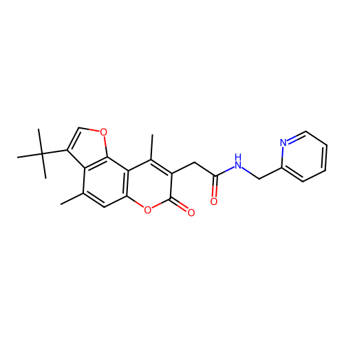 2-(3-(tert-butyl)-4,9-dimethyl-7-oxo-7H-furo[2,3-f]chromen-8-yl)-N-(pyridin-2-ylmethyl)acetamide structure