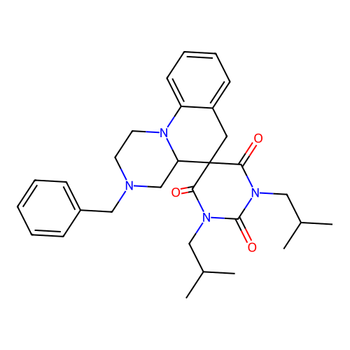 3'-benzyl-1,3-bis(2-methylpropyl)spiro[1,3-diazinane-5,5'-2,4,4a,6-tetrahydro-1H-pyrazino[1,2-a]quinoline]-2,4,6-trione structure