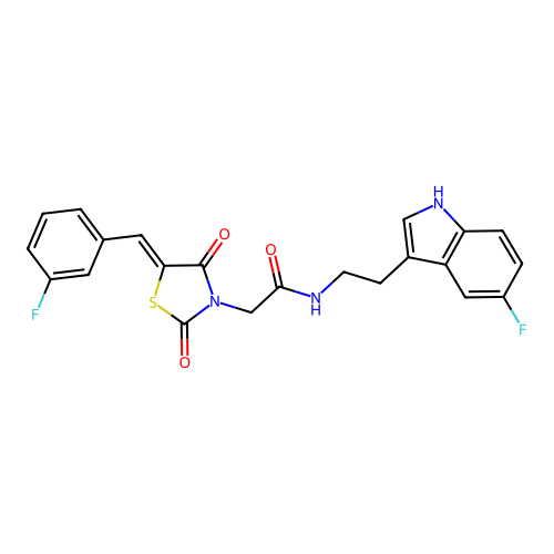 2-[(5Z)-5-(3-fluorobenzylidene)-2,4-dioxo-1,3-thiazolidin-3-yl]-N-[2-(5-fluoro-1H-indol-3-yl)ethyl]acetamide structure