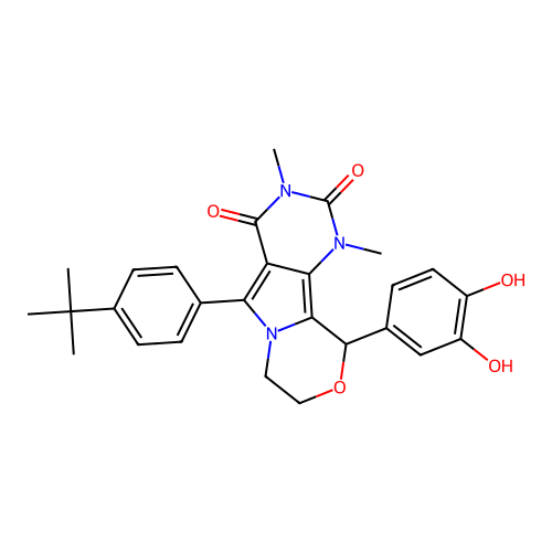 5-(4-(tert-butyl)phenyl)-10-(3,4-dihydroxyphenyl)-1,3-dimethyl-7,8-dihydro-1H-pyrimido[4',5':3,4]pyrrolo[2,1-c][1,4]oxazine-2,4(3H,10H)-dione structure