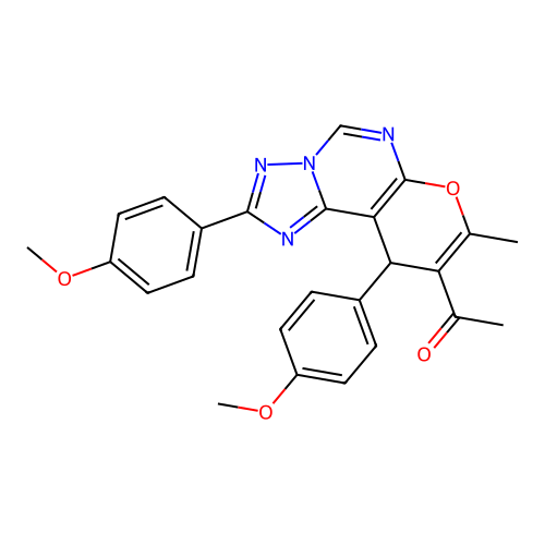 1-(2,10-bis(4-methoxyphenyl)-8-methyl-10H-pyrano[3,2-e][1,2,4]triazolo[1,5-c]pyrimidin-9-yl)ethanone structure