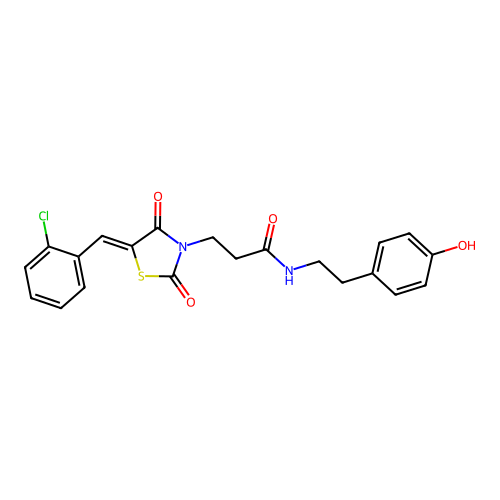 3-[(5Z)-5-(2-chlorobenzylidene)-2,4-dioxo-1,3-thiazolidin-3-yl]-N-[2-(4-hydroxyphenyl)ethyl]propanamide structure