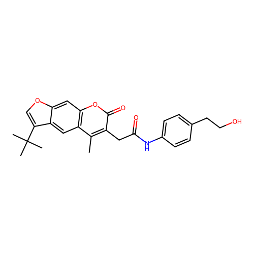 2-(3-(tert-butyl)-5-methyl-7-oxo-7H-furo[3,2-g]chromen-6-yl)-N-(4-(2-hydroxyethyl)phenyl)acetamide structure