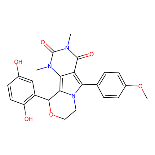 10-(2,5-dihydroxyphenyl)-5-(4-methoxyphenyl)-1,3-dimethyl-1,7,8,10-tetrahydro-2H-pyrimido[4',5':3,4]pyrrolo[2,1-c][1,4]oxazine-2,4(3H)-dione structure