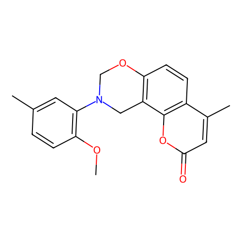 9-(2-methoxy-5-methylphenyl)-4-methyl-8,10-dihydropyrano[2,3-f][1,3]benzoxazin-2-one structure
