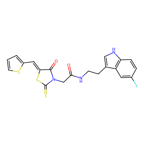 (Z)-N-(2-(5-fluoro-1H-indol-3-yl)ethyl)-2-(4-oxo-5-(thiophen-2-ylmethylene)-2-thioxothiazolidin-3-yl)acetamide structure