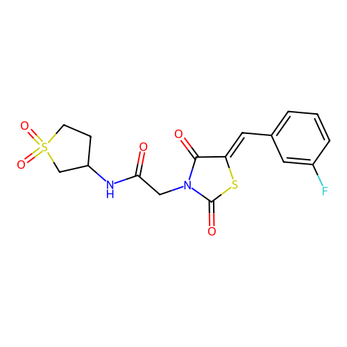 N-(1,1-dioxidotetrahydrothiophen-3-yl)-2-[(5Z)-5-(3-fluorobenzylidene)-2,4-dioxo-1,3-thiazolidin-3-yl]acetamide structure