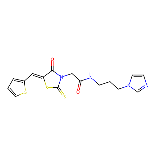 (Z)-N-(3-(1H-imidazol-1-yl)propyl)-2-(4-oxo-5-(thiophen-2-ylmethylene)-2-thioxothiazolidin-3-yl)acetamide structure
