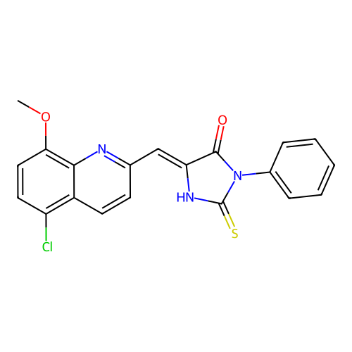 (5Z)-5-[(5-chloro-8-methoxyquinolin-2-yl)methylidene]-3-phenyl-2-thioxoimidazolidin-4-one structure