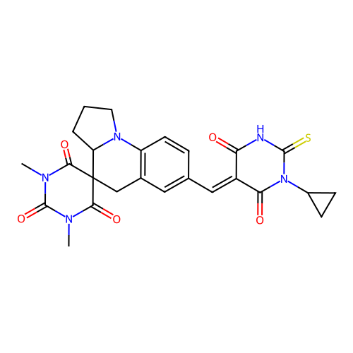 (E)-7'-((1-cyclopropyl-2-mercapto-4,6-dioxo-1,6-dihydropyrimidin-5(4H)-ylidene)methyl)-1,3-dimethyl-2',3',3a',5'-tetrahydro-1H,1'H-spiro[pyrimidine-5,4'-pyrrolo[1,2-a]quinoline]-2,4,6(3H)-trione structure