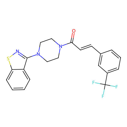 (2E)-1-[4-(1,2-benzothiazol-3-yl)piperazin-1-yl]-3-[3-(trifluoromethyl)phenyl]prop-2-en-1-one structure