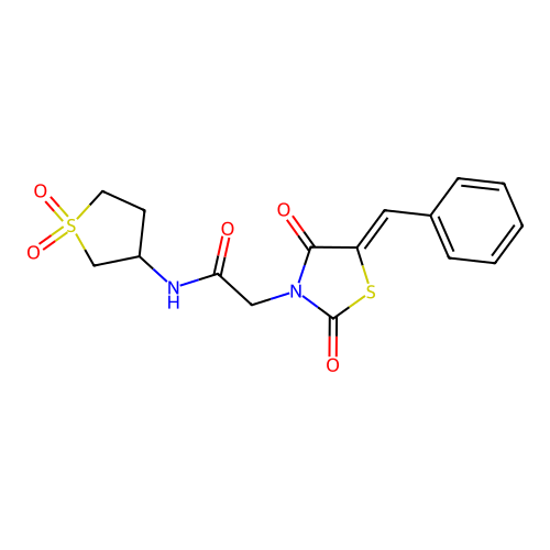 2-[(5Z)-5-benzylidene-2,4-dioxo-1,3-thiazolidin-3-yl]-N-(1,1-dioxothiolan-3-yl)acetamide structure