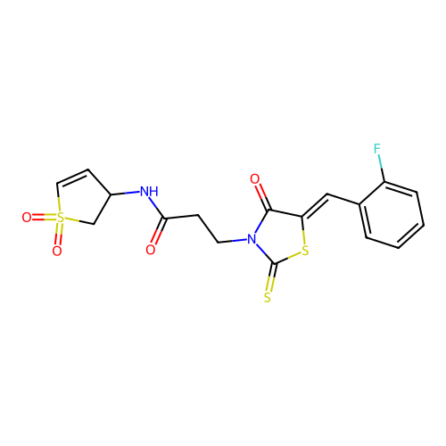 N-(1,1-dioxo-2,3-dihydrothiophen-3-yl)-3-[(5Z)-5-[(2-fluorophenyl)methylidene]-4-oxo-2-sulfanylidene-1,3-thiazolidin-3-yl]propanamide structure