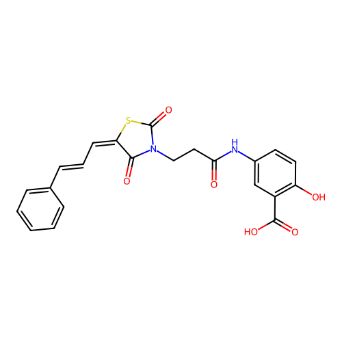 5-[(3-{(5E)-2,4-dioxo-5-[(2E)-3-phenylprop-2-en-1-ylidene]-1,3-thiazolidin-3-yl}propanoyl)amino]-2-hydroxybenzoic acid structure