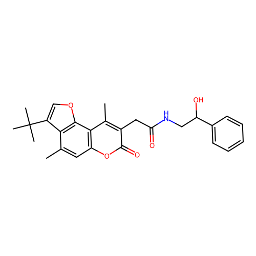 2-(3-(tert-butyl)-4,9-dimethyl-7-oxo-7H-furo[2,3-f]chromen-8-yl)-N-(2-hydroxy-2-phenylethyl)acetamide structure